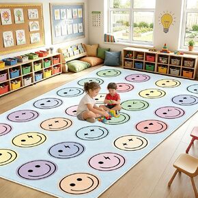7.6x12 ft Large Smile Face Classroom Rug Happy Face Educational Area Mat Smile Faces Blue & Multicolor Play Carpet Back to School Learning Mat for Preschool Playroom Nursery Kindergarten(Blue) in Saudi Arabia