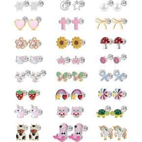 24 Pairs Hypoallergenic Screw Back Earrings for Girls Kids Women Surgical Stainless Steel Flat Back Earrings for Sensitive Ears Cute Strawberry Flower Rainbow ScrewBack Stud Earrings Jewelry in Saudi Arabia