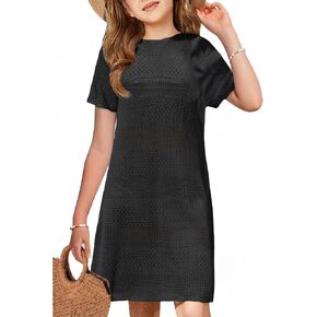 ZDC Girls Crochet Short Sleeve Swimsuit Cover Up Kids Fashion Hollow Out Swimwear Beach Dress 5-14 Years in Kuwait