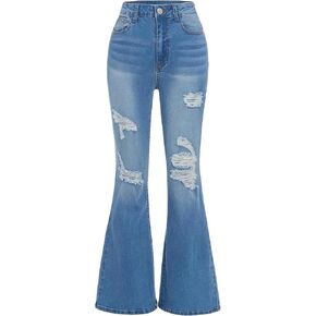 Ripped Flare Jeans for Girls Bell Bottom Stretch High Waist Denim Pants Cute Y2k Streetwear with Pockets 7-14Y in Saudi Arabia