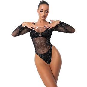 Long Sleeve Mesh Bodysuit Lingerie for Women — Sheer Body Suit, Rhinestone V-Neck, Lace Trim, Stretch in Saudi Arabia