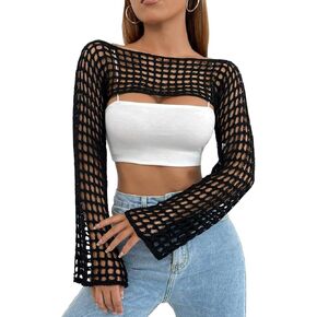 Womens Crochet Crop Tops Y2k Knit Shrug Sweater Hollow Out Long Sleeve Bikini See Through Cover Ups in Saudi Arabia