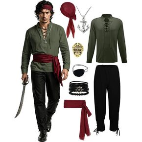 Men’s Pirate Costume Set, 8-Piece Renaissance Medieval Outfit with Shirt Pants Sash Accessories for Halloween Party Cosplay in Saudi Arabia