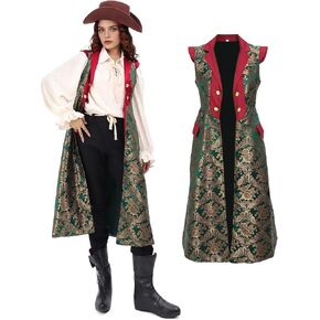 Renaissance Pirate Green Long Vest, Jacquard Fabric Surcoat, Medieval Cosplay Costume for Women in Saudi Arabia