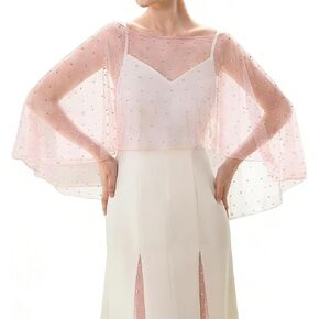 Women Sheer Mesh Lace Pearl Bridal Cape Loose Fit Boat Neck Beaded See Through Tulle Capelet for Evening Dresses in Saudi Arabia