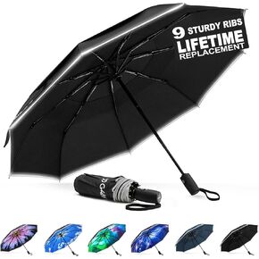 G4Free 42 Inch Eco Windproof Folding Umbrella for Rain & Sun 9 Ribs Wind Resistant Strong Fiberglass Double Canopy with Reflective Strip for Women Men Auto Open Close For Car & Backpack in Kuwait