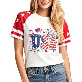 4th of July Shirts Women American Flag USA Fireworks Balloon Graphic Patriotic T-Shirt Outfit Tee Tops in Kuwait
