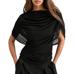 Women Ruched Mesh Cape Top Short Sleeve Blouse Draped Boat Neck Shirt Y2k Patchwork Cinched Waist Pullover Slim Fit in Kuwait