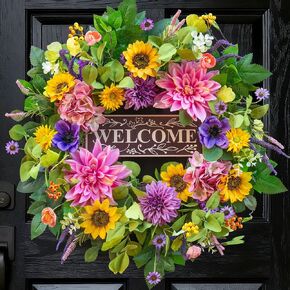 Spring and Summer Wreaths for Front Door 24 Inch Summer Wreath with Lifelike Sunflower,Pink and Purple Dahlia Spring Door Wreath with Welcome Sign,Outdoor Decor in Saudi Arabia
