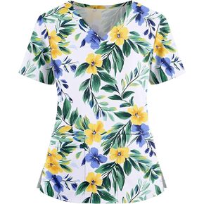 Plus Size Scrubs for Women Stretch Floral Printed Nurse Shirt V Neck Short Sleeve Scrub Tops Comfort Nursing Tops in Saudi Arabia