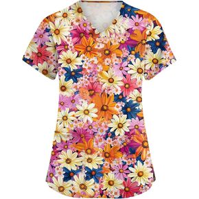 Scrubs for Women Floral Print V-Neck Short Sleeve Scrub Top Plus Size Nurse Shirt Soft Nurse Uniform with Pockets in Saudi Arabia