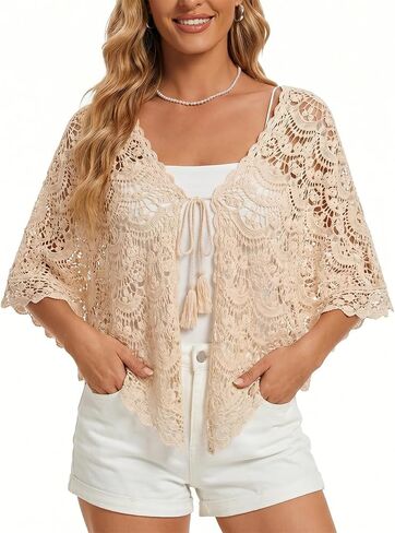 Women Boho Summer Tops Sleeveless Tie Front Mesh Coverups for Bathing Suits Beach Vacation Crochet Shawls in Saudi Arabia