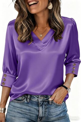 3/4 Length Sleeve Womens Tops Dressy Casual Silk Satin Blouses V Neck Business Work Shirts in Saudi Arabia