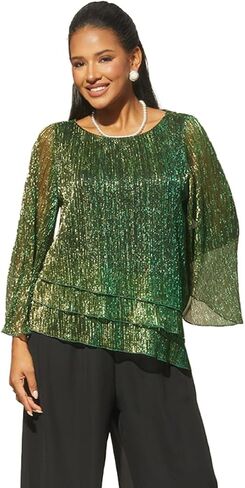 Women's 3/4 Sleeve Sparkle Tops Ruffle Shiny Blouses for Women Dressy Casual Pleated Layered Flowy Chiffon Shirt in Saudi Arabia
