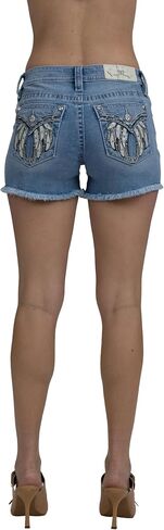 Miss Me Women's Downturned Wing Embellished Faux Flap Pockets Mid-Rise Frayed Jean Shorts in Kuwait