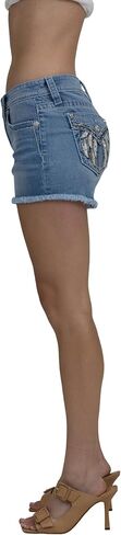 Miss Me Women's Downturned Wing Embellished Faux Flap Pockets Mid-Rise Frayed Jean Shorts in Kuwait