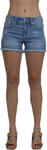 Miss Me Women's Downturned Wing Embellished Faux Flap Pockets Mid-Rise Frayed Jean Shorts in Kuwait