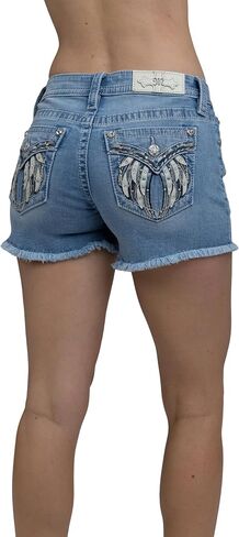Miss Me Women's Downturned Wing Embellished Faux Flap Pockets Mid-Rise Frayed Jean Shorts in Kuwait