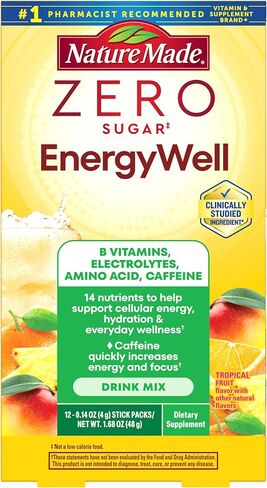 Nature Made Zero Sugar EnergyWell Drink Mix, Caffeine, B Vitamins and Electrolytes Powder, Energy & Hydration Support, 12 Sugar Free Drink Mix Packets, 12 Day Supply in Kuwait