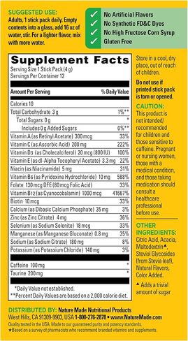 Nature Made Zero Sugar EnergyWell Drink Mix, Caffeine, B Vitamins and Electrolytes Powder, Energy & Hydration Support, 12 Sugar Free Drink Mix Packets, 12 Day Supply in Kuwait