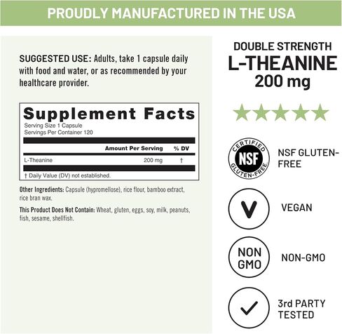 NatureWise قوة مزدوجة L-Theanine 200mg - مكمل نباتي L-Theanine للاسترخاء + دعم النوم - معتمد من NSF خالي من الغلوتين - غير معدل وراثيًا، تم تصنيعه في الولايات المتحدة الأمريكية - 120 كبسولة [كمية تكفي 120 يومًا] in Kuwait