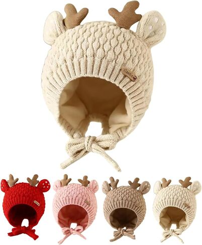 Kids Beanie Toddler Winter Hat Cute Reindeer Antlers Crochet Fluffy Warm Knit Cap for Baby Girls Boys in Kuwait