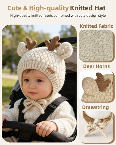 Kids Beanie Toddler Winter Hat Cute Reindeer Antlers Crochet Fluffy Warm Knit Cap for Baby Girls Boys in Kuwait