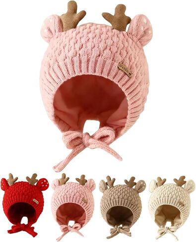 Kids Beanie Toddler Winter Hat Cute Reindeer Antlers Crochet Fluffy Warm Knit Cap for Baby Girls Boys in Kuwait