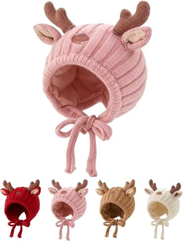 Kids Beanie Toddler Winter Hat Cute Reindeer Antlers Crochet Fluffy Warm Knit Cap for Baby Girls Boys in Kuwait