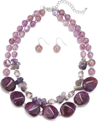 Errally Chunky Beaded Statement Necklace and Earring Sets for Women 2 Layer Resin Bead Collar Costume Jewelry Set Mother's Day Gift in Saudi Arabia