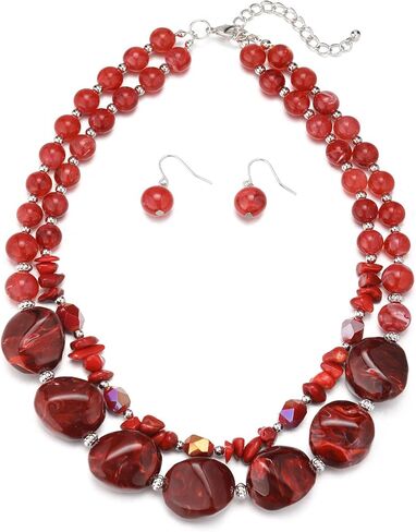Errally Chunky Beaded Statement Necklace and Earring Sets for Women 2 Layer Resin Bead Collar Costume Jewelry Set Mother's Day Gift in Saudi Arabia