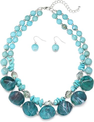 Errally Chunky Beaded Statement Necklace and Earring Sets for Women 2 Layer Resin Bead Collar Costume Jewelry Set Mother's Day Gift in Saudi Arabia