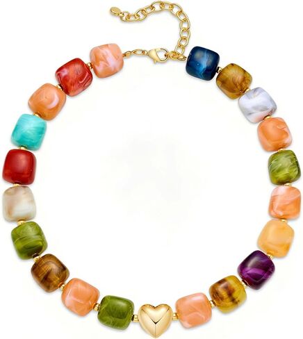 Multicolor Beaded Necklace,Chunky Cube Beaded Statement Necklace, Boho Resin Choker Necklace for Women,Lightweight & Cool, Suitable for Beach, Vacation, Daily Wear & Summer Parties in Saudi Arabia