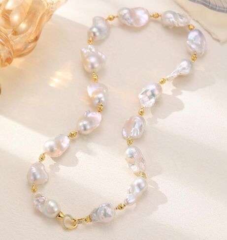 Freshwater Pearl Necklace; Real Pearls Necklace; Pearl Necklaces for Women and Men; Baroque Pearl Necklace; Large Pearl Necklaces; Chunky Pearls Necklace; 19.5 Inches 14K Gold Filled Necklace in Saudi Arabia