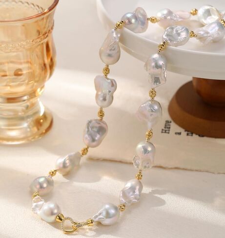 Freshwater Pearl Necklace; Real Pearls Necklace; Pearl Necklaces for Women and Men; Baroque Pearl Necklace; Large Pearl Necklaces; Chunky Pearls Necklace; 19.5 Inches 14K Gold Filled Necklace in Saudi Arabia