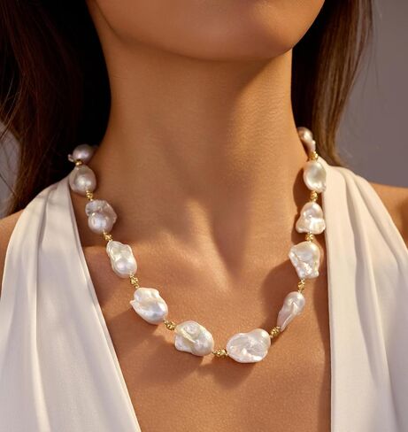 Freshwater Pearl Necklace; Real Pearls Necklace; Pearl Necklaces for Women and Men; Baroque Pearl Necklace; Large Pearl Necklaces; Chunky Pearls Necklace; 19.5 Inches 14K Gold Filled Necklace in Saudi Arabia