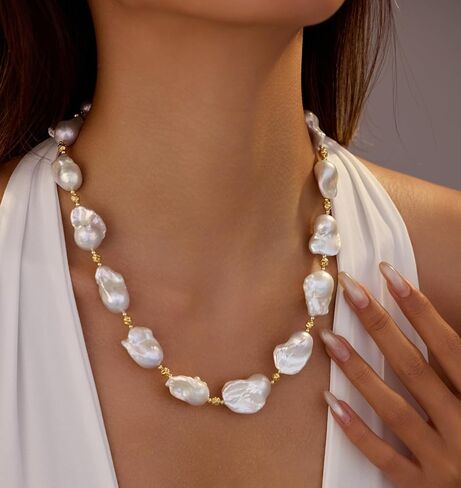 Freshwater Pearl Necklace; Real Pearls Necklace; Pearl Necklaces for Women and Men; Baroque Pearl Necklace; Large Pearl Necklaces; Chunky Pearls Necklace; 19.5 Inches 14K Gold Filled Necklace in Saudi Arabia
