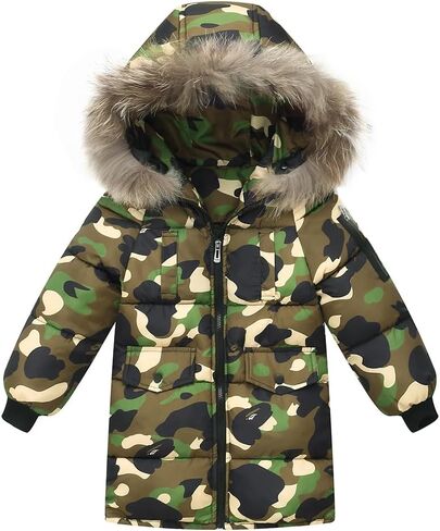 Valcatch Boys Girls Winter Camo Black Coat 2-12 Years Kids Warm & Water Resistant Puffer Down Parka Jacket with Faux Fur Hood in Saudi Arabia
