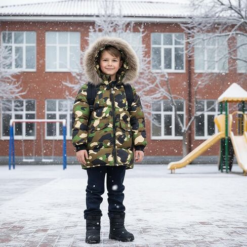 Valcatch Boys Girls Winter Camo Black Coat 2-12 Years Kids Warm & Water Resistant Puffer Down Parka Jacket with Faux Fur Hood in Saudi Arabia