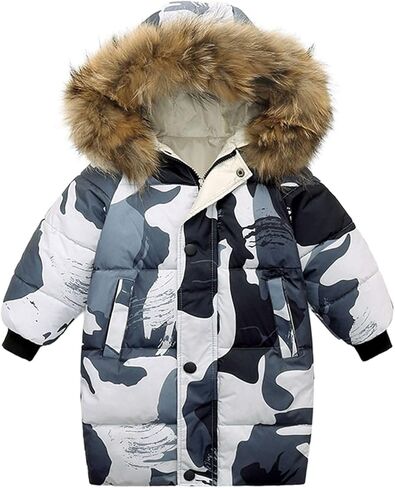 Valcatch Boys Girls Winter Camo Black Coat 2-12 Years Kids Warm & Water Resistant Puffer Down Parka Jacket with Faux Fur Hood in Saudi Arabia