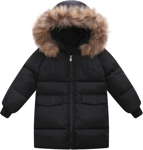 Valcatch Boys Girls Winter Camo Black Coat 2-12 Years Kids Warm & Water Resistant Puffer Down Parka Jacket with Faux Fur Hood in Saudi Arabia