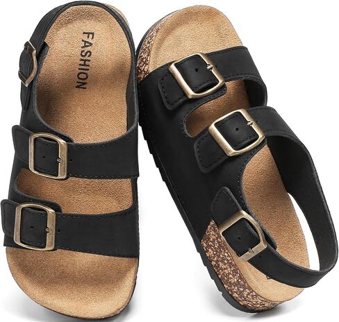 Kids Cork Footbed Sandals – Boys Girls Toddler Adjustable Double Buckle Slides with Back Strap, Lightweight Summer Casual Shoes in Kuwait