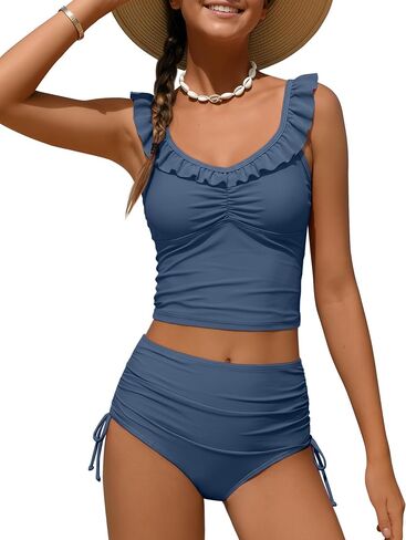 Girls Tankini Swimsuit 2 Piece Bathing Suit Teen Kids Summer Swim Sets Ruffle Adjustable Straps Drawstring Swimwear in Kuwait