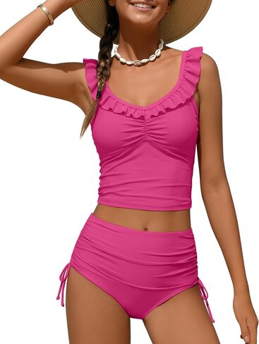 Girls Tankini Swimsuit 2 Piece Bathing Suit Teen Kids Summer Swim Sets Ruffle Adjustable Straps Drawstring Swimwear in Saudi Arabia