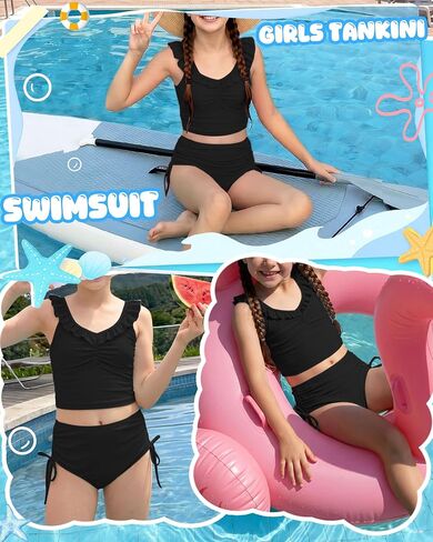 Girls Tankini Swimsuit 2 Piece Bathing Suit Teen Kids Summer Swim Sets Ruffle Adjustable Straps Drawstring Swimwear in Saudi Arabia