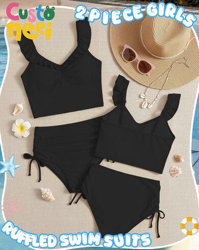 Girls Tankini Swimsuit 2 Piece Bathing Suit Teen Kids Summer Swim Sets Ruffle Adjustable Straps Drawstring Swimwear in Saudi Arabia