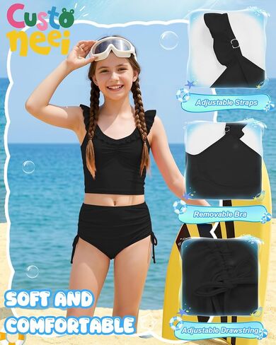 Girls Tankini Swimsuit 2 Piece Bathing Suit Teen Kids Summer Swim Sets Ruffle Adjustable Straps Drawstring Swimwear in Saudi Arabia