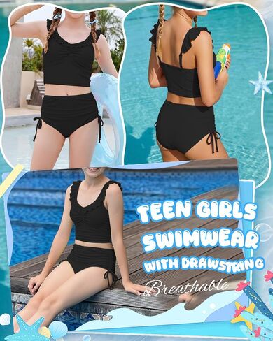 Girls Tankini Swimsuit 2 Piece Bathing Suit Teen Kids Summer Swim Sets Ruffle Adjustable Straps Drawstring Swimwear in Saudi Arabia