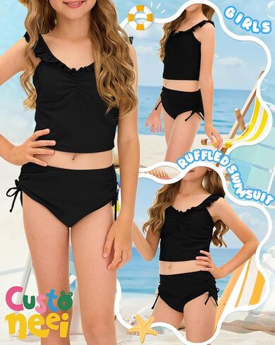 Girls Tankini Swimsuit 2 Piece Bathing Suit Teen Kids Summer Swim Sets Ruffle Adjustable Straps Drawstring Swimwear in Saudi Arabia