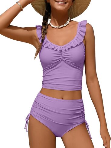 Girls Tankini Swimsuit 2 Piece Bathing Suit Teen Kids Summer Swim Sets Ruffle Adjustable Straps Drawstring Swimwear in Saudi Arabia